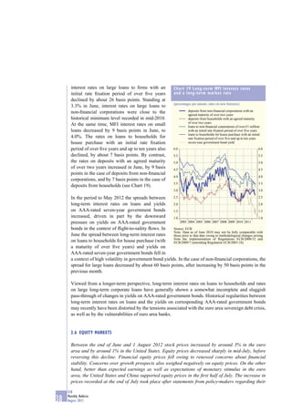 interest rates on large loans to ﬁrms with an                Chart 19 Long-term MFI interest rates
       initial rate ﬁxation period of over ﬁve years                and a long-term market rate
       declined by about 26 basis points. Standing at
                                                                    (percentages per annum; rates on new business)
       3.3% in June, interest rates on large loans to
       non-ﬁnancial corporations were close to the                            deposits from non-financial corporations with an
                                                                              agreed maturity of over two years
       historical minimum level recorded in mid-2010.                         deposits from households with an agreed maturity
                                                                              of over two years
       At the same time, MFI interest rates on small                          loans to non-financial corporations of over €1 million
       loans decreased by 9 basis points in June, to                          with an initial rate fixation period of over five years
                                                                              loans to households for house purchase with an initial
       4.0%. The rates on loans to households for                             rate fixation period of over five and up to ten years
       house purchase with an initial rate ﬁxation                            seven-year government bond yield
       period of over ﬁve years and up to ten years also            6.0                                                             6.0
       declined, by about 7 basis points. By contrast,              5.5                                                             5.5
       the rates on deposits with an agreed maturity                5.0                                                             5.0
       of over two years increased in June, by 9 basis              4.5                                                             4.5
       points in the case of deposits from non-ﬁnancial
                                                                    4.0                                                             4.0
       corporations, and by 7 basis points in the case of
                                                                    3.5                                                             3.5
       deposits from households (see Chart 19).
                                                                    3.0                                                             3.0

       In the period to May 2012 the spreads between        2.5                                                          2.5

       long-term interest rates on loans and yields         2.0                                                          2.0
       on AAA-rated seven-year government bonds             1.5                                                          1.5
       increased, driven in part by the downward            1.0                                                          1.0
       pressure on yields on AAA-rated government               2003 2004 2005 2006 2007 2008 2009 2010 2011

       bonds in the context of ﬂight-to-safety ﬂows. In     Source: ECB.
                                                            Note: Data as of June 2010 may not be fully comparable with
       June the spread between long-term interest rates     those prior to that date owing to methodological changes arising
                                                            from the implementation of Regulations ECB/2008/32 and
       on loans to households for house purchase (with      ECB/2009/7 (amending Regulation ECB/2001/18).
       a maturity of over ﬁve years) and yields on
       AAA-rated seven-year government bonds fell in
       a context of high volatility in government bond yields. In the case of non-ﬁnancial corporations, the
       spread for large loans decreased by about 60 basis points, after increasing by 50 basis points in the
       previous month.

       Viewed from a longer-term perspective, long-term interest rates on loans to households and rates
       on large long-term corporate loans have generally shown a somewhat incomplete and sluggish
       pass-through of changes in yields on AAA-rated government bonds. Historical regularities between
       long-term interest rates on loans and the yields on corresponding AAA-rated government bonds
       may recently have been distorted by the tensions associated with the euro area sovereign debt crisis,
       as well as by the vulnerabilities of euro area banks.


       2.6 EQUITY MARKETS

       Between the end of June and 1 August 2012 stock prices increased by around 3% in the euro
       area and by around 1% in the United States. Equity prices decreased sharply in mid-July, before
       reversing this decline. Financial equity prices fell owing to renewed concerns about ﬁnancial
       stability. Concerns over growth prospects also weighed negatively on equity prices. On the other
       hand, better than expected earnings as well as expectations of monetary stimulus in the euro
       area, the United States and China supported equity prices in the ﬁrst half of July. The increase in
       prices recorded at the end of July took place after statements from policy-makers regarding their

     ECB
     Monthly Bulletin
38   August 2012
 