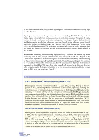 of July after statements from policy-makers regarding their commitment to take the necessary steps
       to solve the crisis.

       Equity price developments diverged across the euro area in July. Until 20 July Spanish and
       Italian equity prices fell while equity prices rose in most other countries. Thereafter all equity
       markets declined, with Spanish and Italian equity prices recording the sharpest decline. Spanish
       and Italian equities also led the subsequent recovery. Overall, in the reference period Spanish
       and Italian equity prices declined by 4% and 2% respectively, while, for example, German equity
       prices recorded an increase of 5%. In the euro area as a whole, ﬁnancial equity prices declined
       by around 1% in the period under review, whereas non-ﬁnancial equity prices recorded a
       3% increase.

       Stock market uncertainty, as measured by implied volatility, fell in the ﬁrst half of July before
       increasing from 20 July. Implied volatility in the euro area stood at 24% on 1 August. In the
       United States, implied stock market volatility also declined in the ﬁrst half of July, before increasing
       at the end of the reference period. Implied volatility in the United States, standing at 16%, continues
       to be lower than that recorded in the euro area. In both economic areas, the levels of stock market
       uncertainty in the middle of July were close to the lowest levels recorded so far this year. However,
       after increasing again, the implied volatilities in the two economic areas returned to the average
       level for 2012 at the end of July (see Chart 21).



         Box 3

         INTEGRATED EURO AREA ACCOUNTS FOR THE FIRST QUARTER OF 2012 1

         The integrated euro area accounts released on 1 August 2012, covering data up to the ﬁrst
         quarter of 2012, offer comprehensive information on the income, spending, ﬁnancing and
         portfolio decisions of institutional sectors in the euro area. In the ﬁrst quarter of 2012, the further
         weakening of economic activity kept the correction of imbalances that had begun during the
         recovery phase at a standstill, as was the case in the previous quarter. The household saving ratio
         stabilised close to historically low levels and household net worth declined, while government
         deﬁcits decreased only slightly. The net borrowing of non-ﬁnancial corporations (NFCs)
         returned to positive territory, but this was due to declining retained earnings, while gross capital
         formation contracted and inventories were reduced at a higher rate. At the same time, the euro
         area’s external balance remained in surplus for the second consecutive quarter.

         Euro area income and net lending/net borrowing

         Annual growth in euro area nominal disposable income fell further in the ﬁrst quarter of 2012,
         to 1.7%, after the signiﬁcant decrease of 1 percentage point, to 1.8%, in the previous quarter
         (see Chart A). As income growth slowed down, euro area gross saving growth also fell from
         3.8% to 1.4% on an annual basis. This was reﬂected across sectors in a sharp decline in NFCs’
         retained earnings (savings), a slower growth of ﬁnancial corporations’ retained earnings and,
         in contrast to what was observed in previous quarters, no further correction of government
         1 Detailed data can be found on the ECB’s website at http://sdw.ecb.europa.eu/browse.do?node=2019181




     ECB
     Monthly Bulletin
40   August 2012
 