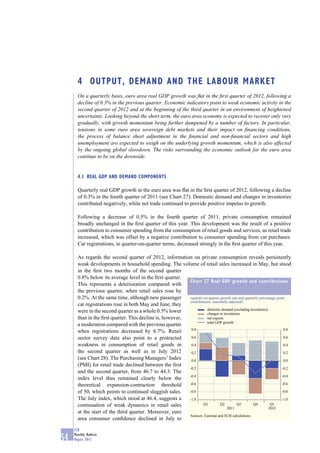 4 OUTPUT, DEMAND AND THE LABOUR MARKET
       On a quarterly basis, euro area real GDP growth was ﬂat in the ﬁrst quarter of 2012, following a
       decline of 0.3% in the previous quarter. Economic indicators point to weak economic activity in the
       second quarter of 2012 and at the beginning of the third quarter in an environment of heightened
       uncertainty. Looking beyond the short term, the euro area economy is expected to recover only very
       gradually, with growth momentum being further dampened by a number of factors. In particular,
       tensions in some euro area sovereign debt markets and their impact on ﬁnancing conditions,
       the process of balance sheet adjustment in the ﬁnancial and non-ﬁnancial sectors and high
       unemployment are expected to weigh on the underlying growth momentum, which is also affected
       by the ongoing global slowdown. The risks surrounding the economic outlook for the euro area
       continue to be on the downside.


       4.1 REAL GDP AND DEMAND COMPONENTS

       Quarterly real GDP growth in the euro area was ﬂat in the ﬁrst quarter of 2012, following a decline
       of 0.3% in the fourth quarter of 2011 (see Chart 27). Domestic demand and changes in inventories
       contributed negatively, while net trade continued to provide positive impetus to growth.

       Following a decrease of 0.5% in the fourth quarter of 2011, private consumption remained
       broadly unchanged in the ﬁrst quarter of this year. This development was the result of a positive
       contribution to consumer spending from the consumption of retail goods and services, as retail trade
       increased, which was offset by a negative contribution to consumer spending from car purchases.
       Car registrations, in quarter-on-quarter terms, decreased strongly in the ﬁrst quarter of this year.

       As regards the second quarter of 2012, information on private consumption reveals persistently
       weak developments in household spending. The volume of retail sales increased in May, but stood
       in the ﬁrst two months of the second quarter
       0.8% below its average level in the ﬁrst quarter.
                                                           Chart 27 Real GDP growth and contributions
       This represents a deterioration compared with
       the previous quarter, when retail sales rose by
       0.2%. At the same time, although new passenger      (quarter-on-quarter growth rate and quarterly percentage point
                                                           contributions; seasonally adjusted)
       car registrations rose in both May and June, they
                                                                      domestic demand (excluding inventories)
       were in the second quarter as a whole 0.5% lower               changes in inventories
       than in the ﬁrst quarter. This decline is, however,            net exports
                                                                      total GDP growth
       a moderation compared with the previous quarter
                                                            0.8                                                         0.8
       when registrations decreased by 6.7%. Retail
       sector survey data also point to a protracted        0.6                                                         0.6

       weakness in consumption of retail goods in           0.4                                                         0.4
       the second quarter as well as in July 2012           0.2                                                         0.2
       (see Chart 28). The Purchasing Managers’ Index       0.0                                                         0.0
       (PMI) for retail trade declined between the ﬁrst
                                                           -0.2                                                        -0.2
       and the second quarter, from 46.7 to 44.3. The
                                                           -0.4                                                        -0.4
       index level thus remained clearly below the
       theoretical expansion-contraction threshold         -0.6                                                        -0.6

       of 50, which points to continued sluggish sales.    -0.8                                                        -0.8
       The July index, which stood at 46.4, suggests a     -1.0                                                        -1.0
       continuation of weak dynamics in retail sales                Q1         Q2         Q3        Q4         Q1
                                                                                   2011                       2012
       at the start of the third quarter. Moreover, euro
                                                           Sources: Eurostat and ECB calculations.
       area consumer conﬁdence declined in July to

     ECB
     Monthly Bulletin
54   August 2012
 