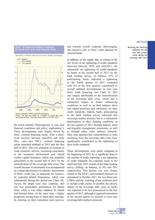 ARTICLES
 Chart 10 Expected default frequency                                   and towards overall corporate deleveraging,                      Assessing the financing
 of listed euro area non-financial firms                               also played a role in ﬁrms’ weak demand for                           conditions for the
                                                                       external funds.                                                        euro area private
 (probability of default within the next twelve months; percentages)                                                                          sector during the
                                                                                                                                          sovereign debt crisis
         median                                                        In addition, on the supply side, in contrast to the
         25% quantile
         75% quantile                                                  low levels of net tightening of credit standards
 7                                                                7    observed between 2010 and mid-2011, the
                                                                       substantial net tightening of credit standards
 6                                                                6    by banks in the second half of 2011 (in the
                                                                       bank lending survey, on balance 35% of
 5                                                                5
                                                                       participating banks indicated a tightening
                                                                       in the fourth quarter of 2011 compared
 4                                                                4
                                                                       with 4% in the ﬁrst quarter) contributed to
 3                                                                3    overall subdued developments in euro area
                                                                       ﬁrms’ bank ﬁnancing (see Chart 9). This
 2                                                                2    was largely attributable to the intensiﬁcation
                                                                       of the sovereign debt crisis, which had a
 1                                                                1    substantial impact on banks’ reﬁnancing
                                                                       conditions as well as on their balance sheet
 0                                                                0
      2007        2008       2009        2010        2011
                                                                       and capital positions and, ultimately, on their
                                                                       credit standards. Indeed, banks participating
 Sources: Moody’s KMV and ECB calculations.
 Notes: The data are based on a sample of listed euro area             in the bank lending survey indicated that
 non-ﬁnancial ﬁrms. The latest observation is for May 2012.
                                                                       sovereign market tensions led to a substantial
                                                                       deterioration in their funding conditions in
the article entitled “Heterogeneity in euro area                       the last quarter of 2011 through balance sheet
ﬁnancial conditions and policy implications”).                         and liquidity management constraints, as well
These developments were largely driven by                              as through other, more indirect, channels.
ﬁrms’ external ﬁnancing needs. After a short-                          They also reported that vulnerabilities to risks
lived recovery between mid-2010 and early                              stemming from the sovereign debt crisis have
2011, euro area NFCs’ external ﬁnancing                                signiﬁcantly contributed to the tightening of
needs remained subdued in 2011 and the ﬁrst                            their credit standards.
half of 2012. This was primarily on account of
weak economic activity, increasing uncertainty                         These developments were partly mitigated at
in the economic environment and related                                the beginning of 2012 by a signiﬁcant drop in
weaker capital formation, which was ampliﬁed                           the number of banks reporting a net tightening
particularly in the second half of 2011 by the                         of credit standards for corporate loans in the
intensiﬁcation of the sovereign debt crisis. The                       April and July 2012 rounds of the bank lending
overall increase in uncertainty was accompanied                        survey (falling, on balance, to 9% and 10%
by a sharp deterioration in markets’ assessments                       respectively). This decline was very closely
of ﬁrms’ credit risk, as measured, for instance,                       related to the ECB’s non-standard measures as
by expected default frequencies, which rose                            announced in October 2011, the two three-year
substantially during this period (see Chart 10).                       LTROs and the widening of the collateral pool
Across the larger euro area countries, this                            to include credit claims. In parallel, the adverse
rise was particularly pronounced for Italian                           impact of the sovereign debt crisis on banks
ﬁrms, while it was rather subdued for Dutch                            was reported to be less pronounced in the ﬁrst
and German ﬁrms. At the same time, a higher                            quarter of 2012, although it regained momentum
propensity among ﬁrms to retain their earnings,                        in the second quarter as tensions in euro area
by drawing on their cumulated cash reserves,                           sovereign debt markets increased.


                                                                                                                            ECB
                                                                                                                Monthly Bulletin
                                                                                                                   August 2012     89
 