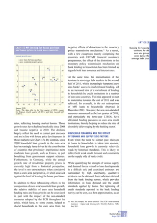 ARTICLES
 Chart 15 MFI lending for house purchase                                        negative effects of distortions in the monetary                              Assessing the financing
 and house prices in euro area countries                                        policy transmission mechanism.11 As a result,                                     conditions for the
                                                                                with a few exceptions mainly comprising the                                        euro area private
 (annual growth rates)                                                                                                                                             sector during the
                                                                                countries with EU/IMF ﬁnancial assistance                                      sovereign debt crisis
       x-axis: loans for house purchase                                         programmes, the effect of the distortions in the
       y-axis: residential property prices
 15                                                                       15
                                                                                monetary policy transmission mechanism on
                                                  AT
                                                                                bank lending to households has been limited as
 10                                                                       10    regards both loan volumes and interest rates.

   5                                                                      5
                           BE                DE             FR                  At the same time, the intensiﬁcation of the
                                                       IT        FI
   0                                                                      0     tensions in sovereign debt markets in the second
                                    PT
                                                                                half of 2011, which increasingly hampered euro
  -5       NL                                                             -5    area banks’ access to market-based funding, led
                          GR                                                    to an increased risk of a curtailment of lending
 -10                                                                      -10
                               ES                                               to households by credit institutions in a number
 -15                                                                      -15   of euro area countries. This risk appeared to start
                                IE                                              to materialise towards the end of 2011 and was
 -20                                                                      -20
    -8       -6      -4        -2        0    2    4         6        8         reﬂected, for example, in the net redemptions
 Source: ECB.
                                                                                of MFI loans to households observed in
 Notes: The data refer to the ﬁrst quarter of 2012, except                      December 2011. However, the new non-standard
 for Belgium (fourth quarter of 2011) and Italy (second half
 of 2011).                                                                      measures announced in the last quarter of 2011,
                                                                                and particularly the three-year LTROs, have
                                                                                alleviated funding pressures on euro area credit
rates, reﬂecting housing market booms. Those                                    institutions, thereby helping to reduce the risk of
growth rates have declined markedly since 2008                                  disorderly deleveraging by the banking sector.
and became negative in 2010. The declines
largely reﬂect the need to correct past excesses                                HOUSEHOLD FINANCING AND THE IMPACT
and are in line with house price developments in                                OF DEMAND AND SUPPLY-SIDE FACTORS
those markets (see Chart 15). By contrast, since                                Even when the need to correct past excesses
2010 household loan growth in the euro area                                     in loans to households is taken into account,
has increasingly been driven by the contribution                                household loan growth is currently relatively
of countries that previously experienced more                                   weak by historical standards. This is likely to
moderate loan growth, such as France, in part                                   reﬂect both weak credit demand and constraints
beneﬁting from government support schemes.                                      on the supply side of bank credit.
Furthermore, in Germany, while the annual
growth rate of residential property prices is                                   While quantifying the strength of various supply
currently high from a historical perspective,                                   and demand forces related to loan developments
the level is not extraordinary when considered                                  is a difﬁcult task and associated estimates are
from a euro area perspective, or when assessed                                  surrounded by high uncertainty, qualitative
against the level of lending for house purchases.                               evidence can be obtained from indicators derived
                                                                                from the bank lending survey, which provides
In addition to these rebalancing effects in the                                 information on loan demand and the credit
composition of euro area household loan growth,                                 standards applied by banks. Net tightening of
the relative stability of euro area household                                   credit standards reported in the bank lending
lending rates and loan growth can be associated                                 survey can be seen, as a ﬁrst approximation, as an
in part with the impact of the non-standard
measures adopted by the ECB throughout the
                                                                                11 See, for example, the article entitled “The ECB’s non-standard
crisis, which have, to some extent, helped to                                      measures – impact and phasing-out”, Monthly Bulletin, ECB,
shield households in the euro area from the                                        July 2011.

                                                                                                                                                 ECB
                                                                                                                                     Monthly Bulletin
                                                                                                                                        August 2012     93
 