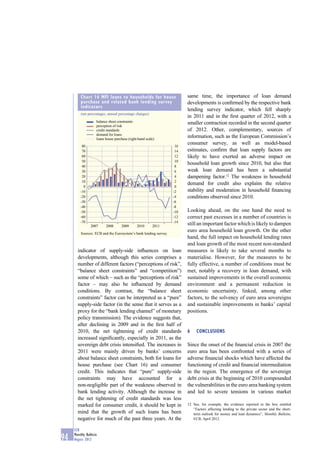 Chart 16 MFI loans to households for house                     same time, the importance of loan demand
         purchase and related bank lending survey                       developments is conﬁrmed by the respective bank
         indicators
                                                                        lending survey indicator, which fell sharply
         (net percentages; annual percentage changes)
                                                                        in 2011 and in the ﬁrst quarter of 2012, with a
                    balance sheet constraints                           smaller contraction recorded in the second quarter
                    perception of risk
                    credit standards                                    of 2012. Other, complementary, sources of
                    demand for loans
                    loans house purchase (right-hand scale)
                                                                        information, such as the European Commission’s
          80                                                       16
                                                                        consumer survey, as well as model-based
          70                                                       14   estimates, conﬁrm that loan supply factors are
          60                                                       12   likely to have exerted an adverse impact on
          50                                                       10
                                                                        household loan growth since 2010, but also that
          40                                                       8
          30                                                       6    weak loan demand has been a substantial
          20                                                       4    dampening factor.12 The weakness in household
          10                                                       2
                                                                        demand for credit also explains the relative
           0                                                       0
         -10                                                      -2    stability and moderation in household ﬁnancing
         -20                                                      -4    conditions observed since 2010.
         -30                                                      -6
         -40                                                      -8
         -50                                                      -10   Looking ahead, on the one hand the need to
         -60                                                      -12   correct past excesses in a number of countries is
         -70                                                      -14
                2007      2008      2009       2010      2011
                                                                        still an important factor which is likely to dampen
         Sources: ECB and the Eurosystem’s bank lending survey.
                                                                        euro area household loan growth. On the other
                                                                        hand, the full impact on household lending rates
                                                                        and loan growth of the most recent non-standard
       indicator of supply-side inﬂuences on loan                       measures is likely to take several months to
       developments, although this series comprises a                   materialise. However, for the measures to be
       number of different factors (“perceptions of risk”,              fully effective, a number of conditions must be
       “balance sheet constraints” and “competition”)                   met, notably a recovery in loan demand, with
       some of which – such as the “perceptions of risk”                sustained improvements in the overall economic
       factor – may also be inﬂuenced by demand                         environment and a permanent reduction in
       conditions. By contrast, the “balance sheet                      economic uncertainty, linked, among other
       constraints” factor can be interpreted as a “pure”               factors, to the solvency of euro area sovereigns
       supply-side factor (in the sense that it serves as a             and sustainable improvements in banks’ capital
       proxy for the “bank lending channel” of monetary                 positions.
       policy transmission). The evidence suggests that,
       after declining in 2009 and in the ﬁrst half of
       2010, the net tightening of credit standards                     6    CONCLUSIONS
       increased signiﬁcantly, especially in 2011, as the
       sovereign debt crisis intensiﬁed. The increases in               Since the onset of the ﬁnancial crisis in 2007 the
       2011 were mainly driven by banks’ concerns                       euro area has been confronted with a series of
       about balance sheet constraints, both for loans for              adverse ﬁnancial shocks which have affected the
       house purchase (see Chart 16) and consumer                       functioning of credit and ﬁnancial intermediation
       credit. This indicates that “pure” supply-side                   in the region. The emergence of the sovereign
       constraints may have accounted for a                             debt crisis at the beginning of 2010 compounded
       non-negligible part of the weakness observed in                  the vulnerabilities in the euro area banking system
       bank lending activity. Although the increase in                  and led to severe tensions in various market
       the net tightening of credit standards was less
       marked for consumer credit, it should be kept in                 12 See, for example, the evidence reported in the box entitled
                                                                           “Factors affecting lending to the private sector and the short-
       mind that the growth of such loans has been                         term outlook for money and loan dynamics”, Monthly Bulletin,
       negative for much of the past three years. At the                   ECB, April 2012.

     ECB
     Monthly Bulletin
94   August 2012
 