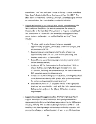   15
committees.  The “Earn and Learn” model is already a central part of the 
State Board’s Strategic Workforce Development Plan: 2013‐17.22
   The 
State Board should create a Working Group on Apprenticeship to develop 
recommendations for a state level apprenticeship initiative.   
 
o Support Action Items in the Strategic Plan around Apprenticeship; The 
Working Group should take the lead on supporting the actions of 
Objective Six of the State Board Plan, which is to “expand availability of 
and participation in “Learn‐and‐Earn’ models such as apprenticeship, 
where students and workers can build skills while working.” These 
include: 
 
“Creating credit‐bearing linkages between approved 
apprenticeship programs, universities, community colleges, and 
adult education/ROCP; 
Developing a campaign to promote the value of approved 
apprenticeship and ‘Earn and Learn’ models of training, and 
increase investments in these models; 
Expand formal apprenticeship programs in key regional priority 
sectors and occupations; 
Implement AB 554 that requires the State Board and LWIBs to 
ensure that WIA training funds targeted to apprentice‐able 
occupations, including pre‐apprenticeships, are coordinated with 
DAS‐approved apprenticeship programs; 
Increase the number of high school students, including those from 
underrepresented demographic groups, who graduate prepared 
for postsecondary education and/or a career;” 
Expand the number of CTE programs offered at the high school 
level that are articulated for credit with the California Community 
College system and meet the UC and CSU system entrance 
requirements. 
 
o Support Meaningful Pre‐apprenticeship:  The Working Group should 
support meaningful pre‐apprenticeships through alignment of WIA 
resources with the Community College system as well as the K12 system, 
including (ROCPs).  This should include implementation of AB 554 and 
creating credit‐bearing linkages between apprenticeship programs and 
community colleges, as well as discussion of ways to provide incentives 
 