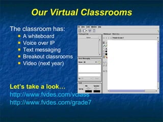Our Virtual Classrooms The classroom has: A whiteboard Voice over IP  Text messaging Breakout classrooms Video (next year) Let’s take a look…  http://www.fvdes.com/vclass http://www.fvdes.com/grade7 