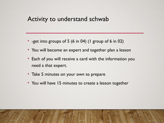Activity to understand schwab
• -get into groups of 5 (6 in 04) (1 group of 6 in 02)
• You will become an expert and together plan a lesson
• Each of you will receive a card with the information you
need a that expert.
• Take 5 minutes on your own to prepare
• You will have 15 minutes to create a lesson together
 