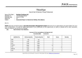 P A C E Professional Services
Promotefor Advancing Capacity ofEnterprises
Niloy (4th Floor), Plot # 16 Road # 17, Sector # 10, Uttara, Dhaka-1230 e-mail: info@pacebd.com www.pacebd.com
Page 1 of 9
Third Eye
Keep An Eye On Business Through Professionals
Name of the Client : Northern Fashions Ltd
Reporting To : The Managing Director
Reporting Date : March 27, 2016
Report No : 34
Subject : Assessment Report on Subcontract Knitting Party Balance.
Dear Sir,
PACE team has worked mostly on Accounts & Inventory Management system and some of our observations are given below for your
kind consideration. It would be highly appreciated if you kindly give us the opportunity to clarify in details and to take necessary
steps to improve the process accordingly.
(A) Sub-Contract Yarn Balance:
Summary of Yarn closingBalance (AirApperals Ltd.)
From:01.01.2015 To:31.12.15
Job/Order No. Delivery Quantity Receive Quantity Short Excess Remarks
7646 599 599 - -
7710 1,450 1,450 - -
7612 1,100 1,100 - -
7720/21 4,604 4,604 0 -
7731 2,079 2,080 - 1
7892-98 1,834 1,827 7 -
7570 1,371 1,371 0 -
 