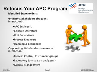 2015 AFPM Q&APD-15-04 Page 7
Identified Stakeholders:
•Primary Stakeholders (frequent
interaction)
•APC Engineers
•Console Operators
•Unit Supervisors
•Process Engineers
•Planning & Economics
•Supporting Stakeholders (as-needed
interaction)
•Process Control, Instrument groups
•Laboratory (on-stream analyzers)
•General Management
 