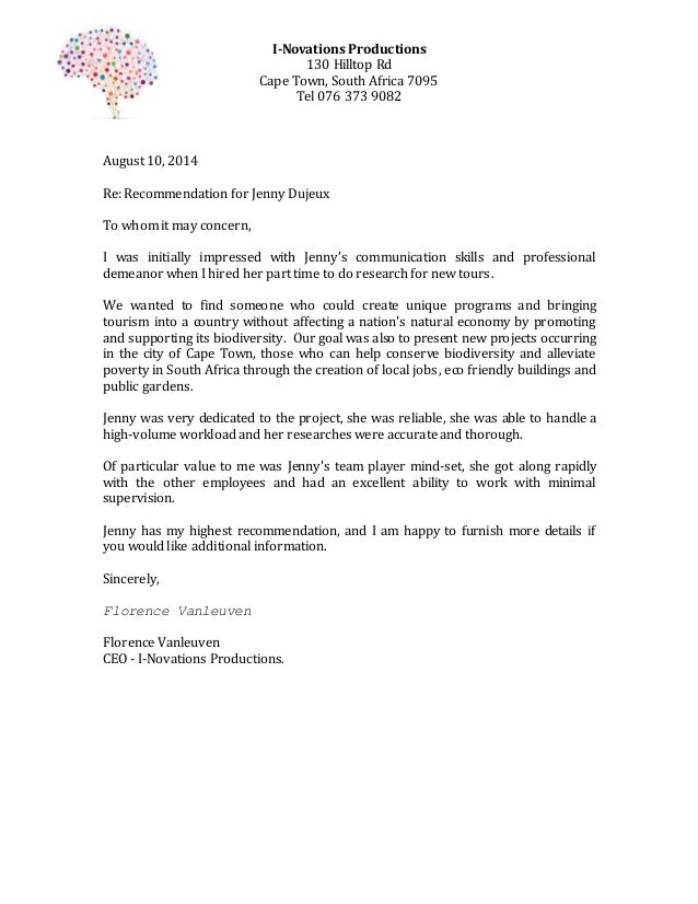 Jenny S Letter Of Recommendation 2014