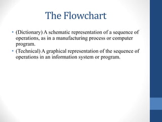The Flowchart
• (Dictionary) A schematic representation of a sequence of
operations, as in a manufacturing process or computer
program.
• (Technical) A graphical representation of the sequence of
operations in an information system or program.
 