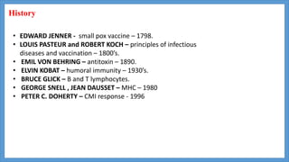 History
• EDWARD JENNER - small pox vaccine – 1798.
• LOUIS PASTEUR and ROBERT KOCH – principles of infectious
diseases and vaccination – 1800’s.
• EMIL VON BEHRING – antitoxin – 1890.
• ELVIN KOBAT – humoral immunity – 1930’s.
• BRUCE GLICK – B and T lymphocytes.
• GEORGE SNELL , JEAN DAUSSET – MHC – 1980
• PETER C. DOHERTY – CMI response - 1996
 