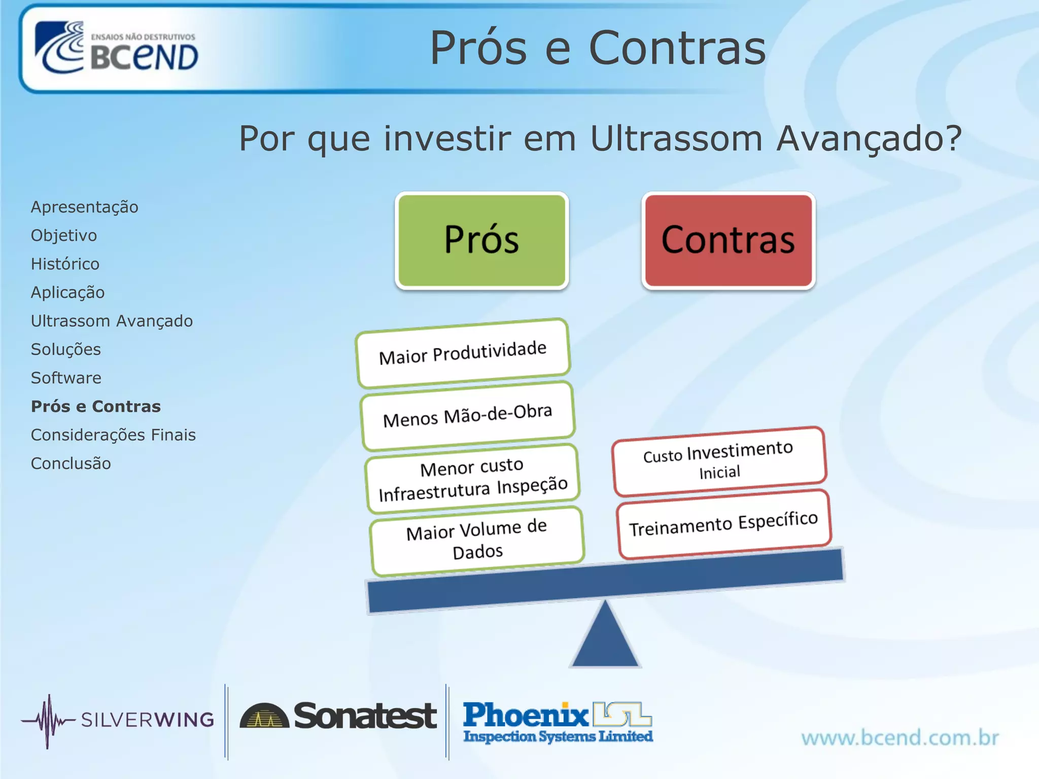Prós e Contras
Por que investir em Ultrassom Avançado?
Apresentação
Objetivo
Histórico
Aplicação
Ultrassom Avançado
Soluções
Software
Prós e Contras
Considerações Finais
Conclusão
 