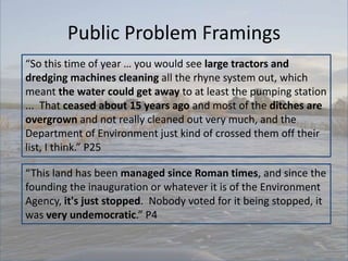 Public Problem Framings
“So this time of year … you would see large tractors and
dredging machines cleaning all the rhyne ...