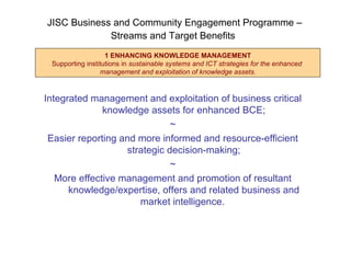 JISC Business and Community Engagement Programme –  Streams and Target Benefits   Integrated management and exploitation of business critical knowledge assets for enhanced BCE; ~ Easier reporting and more informed and resource-efficient strategic decision-making; ~ More effective management and promotion of resultant knowledge/expertise, offers and related business and market intelligence.  1 ENHANCING KNOWLEDGE MANAGEMENT Supporting institutions in  sustainable systems and ICT strategies   for the   enhanced  management and exploitation of knowledge assets . 