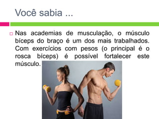 Você sabia ...
 Nas academias de musculação, o músculo
bíceps do braço é um dos mais trabalhados.
Com exercícios com pesos (o principal é o
rosca bíceps) é possível fortalecer este
músculo.
 