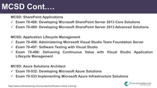 http://www.conlinetraining.com/courses/Certification-online-training/
MCSD Cont.…
MCSD: SharePoint Applications
 Exam 70-488: Developing Microsoft SharePoint Server 2013 Core Solutions
 Exam 70-489: Developing Microsoft SharePoint Server 2013 Advanced Solutions
MCSD: Application Lifecycle Management
 Exam 70-496: Administering Microsoft Visual Studio Team Foundation Server
 Exam 70-497: Software Testing with Visual Studio
 Exam 70-498: Delivering Continuous Value with Visual Studio Application
Lifecycle Management
MCSD: Azure Solutions Architect
 Exam 70-532: Developing Microsoft Azure Solutions
 Exam 70-533 Implementing Microsoft Azure Infrastructure Solutions
 