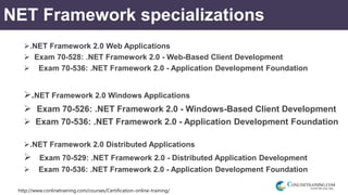http://www.conlinetraining.com/courses/Certification-online-training/
NET Framework specializations
.NET Framework 2.0 Web Applications
 Exam 70-528: .NET Framework 2.0 - Web-Based Client Development
 Exam 70-536: .NET Framework 2.0 - Application Development Foundation
.NET Framework 2.0 Windows Applications
 Exam 70-526: .NET Framework 2.0 - Windows-Based Client Development
 Exam 70-536: .NET Framework 2.0 - Application Development Foundation
.NET Framework 2.0 Distributed Applications
 Exam 70-529: .NET Framework 2.0 - Distributed Application Development
 Exam 70-536: .NET Framework 2.0 - Application Development Foundation
 