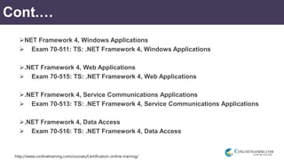 http://www.conlinetraining.com/courses/Certification-online-training/
Cont.…
NET Framework 4, Windows Applications
 Exam 70-511: TS: .NET Framework 4, Windows Applications
.NET Framework 4, Web Applications
 Exam 70-515: TS: .NET Framework 4, Web Applications
.NET Framework 4, Service Communications Applications
 Exam 70-513: TS: .NET Framework 4, Service Communications Applications
.NET Framework 4, Data Access
 Exam 70-516: TS: .NET Framework 4, Data Access
 
