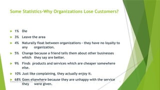Some Statistics-Why Organizations Lose Customers?
 1% Die
 3% Leave the area
 4% Naturally float between organizations – they have no loyalty to
any organization.
 5% Change because a friend tells them about other businesses
which they say are better.
 9% Finds products and services which are cheaper somewhere
else.
 10% Just like complaining, they actually enjoy it.
 68% Goes elsewhere because they are unhappy with the service
they were given.
Building the Customer Experience - MGA Consulting 5
 