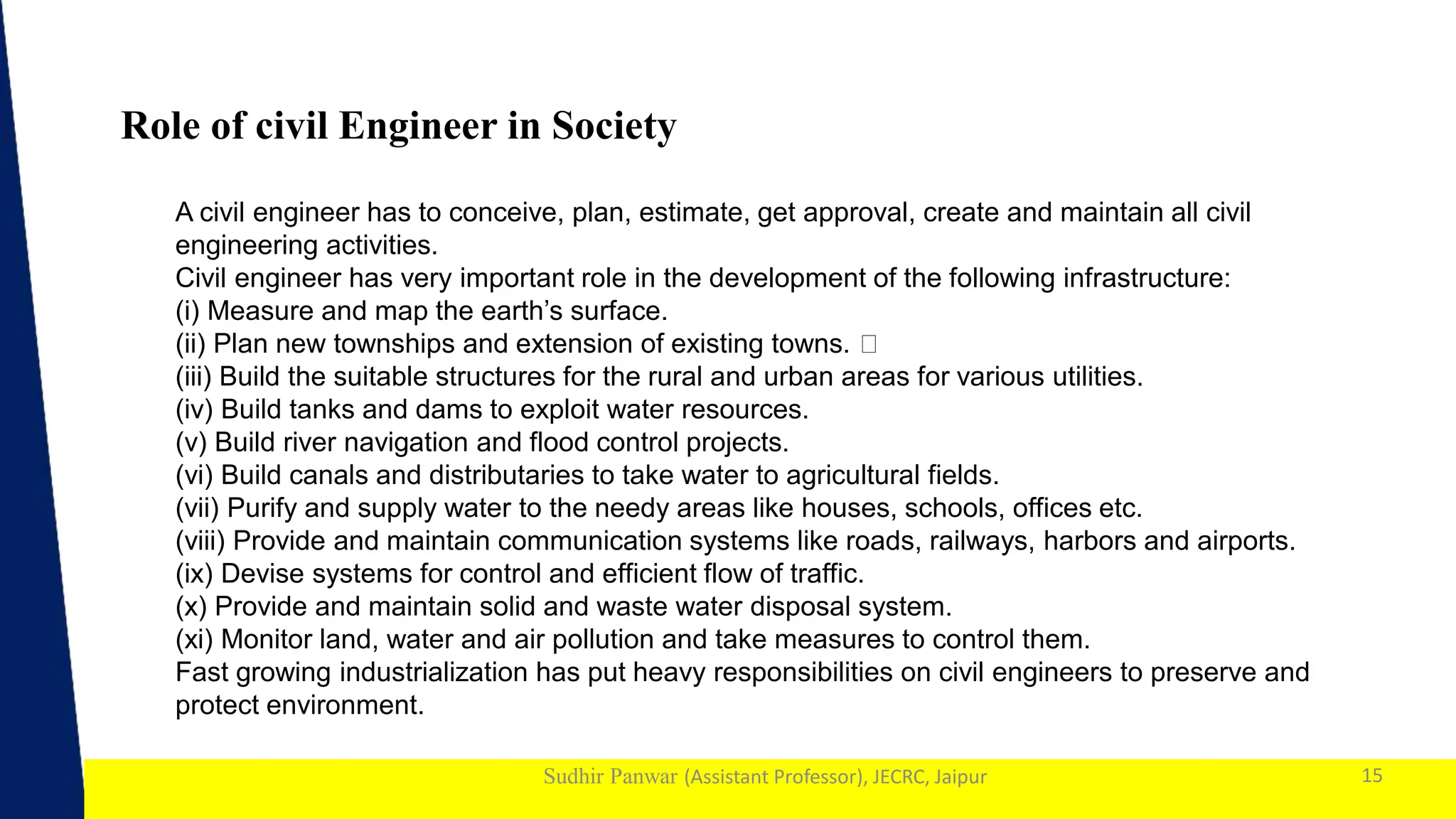 1
Sudhir Panwar (Assistant Professor), JECRC, Jaipur
Role of civil Engineer in Society
15
A civil engineer has to conceive, plan, estimate, get approval, create and maintain all civil
engineering activities.
Civil engineer has very important role in the development of the following infrastructure:
(i) Measure and map the earth’s surface.
(ii) Plan new townships and extension of existing towns.
(iii) Build the suitable structures for the rural and urban areas for various utilities.
(iv) Build tanks and dams to exploit water resources.
(v) Build river navigation and flood control projects.
(vi) Build canals and distributaries to take water to agricultural fields.
(vii) Purify and supply water to the needy areas like houses, schools, offices etc.
(viii) Provide and maintain communication systems like roads, railways, harbors and airports.
(ix) Devise systems for control and efficient flow of traffic.
(x) Provide and maintain solid and waste water disposal system.
(xi) Monitor land, water and air pollution and take measures to control them.
Fast growing industrialization has put heavy responsibilities on civil engineers to preserve and
protect environment.
 