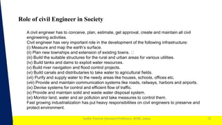 1
Sudhir Panwar (Assistant Professor), JECRC, Jaipur
Role of civil Engineer in Society
15
A civil engineer has to conceive, plan, estimate, get approval, create and maintain all civil
engineering activities.
Civil engineer has very important role in the development of the following infrastructure:
(i) Measure and map the earth’s surface.
(ii) Plan new townships and extension of existing towns.
(iii) Build the suitable structures for the rural and urban areas for various utilities.
(iv) Build tanks and dams to exploit water resources.
(v) Build river navigation and flood control projects.
(vi) Build canals and distributaries to take water to agricultural fields.
(vii) Purify and supply water to the needy areas like houses, schools, offices etc.
(viii) Provide and maintain communication systems like roads, railways, harbors and airports.
(ix) Devise systems for control and efficient flow of traffic.
(x) Provide and maintain solid and waste water disposal system.
(xi) Monitor land, water and air pollution and take measures to control them.
Fast growing industrialization has put heavy responsibilities on civil engineers to preserve and
protect environment.
 