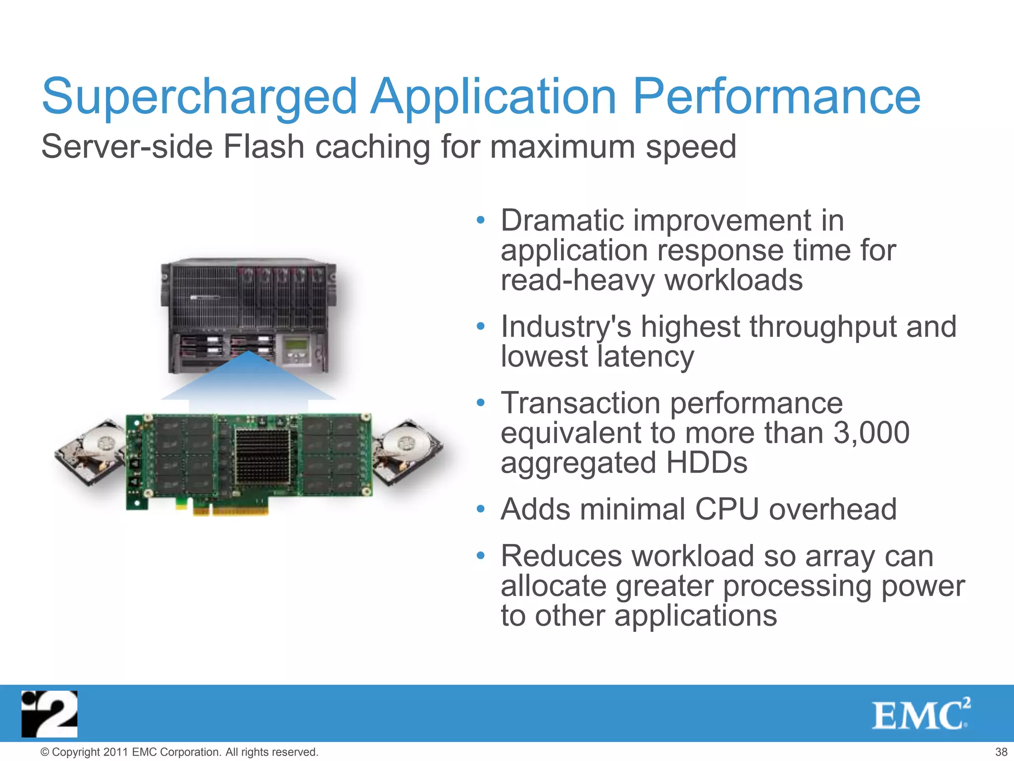 Supercharged Application Performance
Server-side Flash caching for maximum speed

                                                         • Dramatic improvement in
                                                           application response time for
                                                           read-heavy workloads
                                                         • Industry's highest throughput and
                                                           lowest latency
                                                         • Transaction performance
                                                           equivalent to more than 3,000
                                                           aggregated HDDs
                                                         • Adds minimal CPU overhead
                                                         • Reduces workload so array can
                                                           allocate greater processing power
                                                           to other applications



© Copyright 2011 EMC Corporation. All rights reserved.                                         38
 