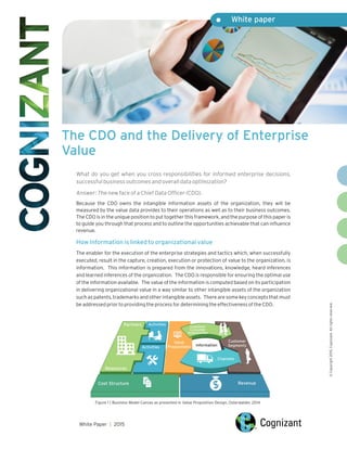 ©Copyright2015,Cognizant.Allrightsreserved.
The CDO and the Delivery of Enterprise
Value
What do you get when you cross responsibilities for informed enterprise decisions,
successful business outcomes and overall data optimization?
Answer: The new face of a Chief Data Officer (CDO).
Because the CDO owns the intangible information assets of the organization, they will be
measured by the value data provides to their operations as well as to their business outcomes.
The CDO is in the unique position to put together this framework, and the purpose of this paper is
to guide you through that process and to outline the opportunities achievable that can influence
revenue.
The enabler for the execution of the enterprise strategies and tactics which, when successfully
executed, result in the capture, creation, execution or protection of value to the organization, is
information. This information is prepared from the innovations, knowledge, heard inferences
and learned inferences of the organization. The CDO is responsible for ensuring the optimal use
of the information available. The value of the information is computed based on its participation
in delivering organizational value in a way similar to other intangible assets of the organization
such as patents, trademarks and other intangible assets. There are some key concepts that must
be addressed prior to providing the process for determining the effectiveness of the CDO.
How Information is linked to organizational value
White Paper 2015|
White paper•
Figure 1 | Business Model Canvas as presented in Value Proposition Design, Osterwalder, 2014
RevenueCost Structure
Partners Activities
Activities
Resources
Value
Propositions
Customer
Segmentsinformation
Channels
Customer
Consumer
relationships
 