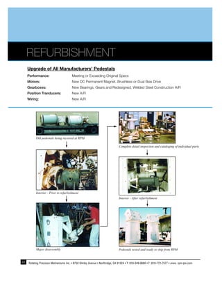 22 Rotating Precision Mechanisms Inc. • 8750 Shirley Avenue • Northridge, CA 91324 • T: 818-349-8680 • F: 818-772-7577 • www. rpm-psi.com
REFURBISHMENT
Upgrade of All Manufacturers’ Pedestals
Performance: Meeting or Exceeding Original Specs
Motors: New DC Permanent Magnet, Brushless or Dual Bias Drive
Gearboxes: New Bearings, Gears and Redesigned, Welded Steel Construction A/R
Position Tranducers: New A/R
Wiring: New A/R
Old pedestals being received at RPM
Interior - Prior to refurbishment
Major disassembly Pedestals tested and ready to ship from RPM
Complete detail inspection and cataloging of individual parts
Interior - After refurbishment
 