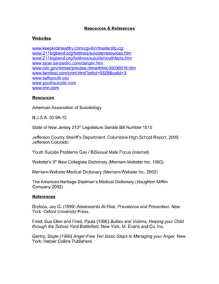 Resources & References
Websites
www.keepkidshealthy.com/cgi-bin/masterpfp.cgi
www.211bigbend.org/hotlines/suicide/resources.htm
www.211bigbend.org/hotlines/suicide/youthfacts.htm
www.spye.sanpedro.com/danger.htm
www.cdc.gov/mmwr/preview.mmwrhtml.00036818.htm
www.tamilnet.com/print.html?articl=5828&catid=3
www.safeyouth.org
www.youthsuicide.com
www.cnn.com
Resources
American Association of Suicidology
N.J.S.A. 30:9A-12
State of New Jersey 210th
Legislature Senate Bill Number 1515
Jefferson County Sheriff’s Department, Columbine High School Report, 2000,
Jefferson Colorado
Youth Suicide Problems Gay / BiSexual Male Focus (internet)
Webster’s 9th
New Collegiate Dictionary (Merriam-Webster Inc. 1990)
Merriam-Webster Medical Dictionary (Merriam-Webster Inc. 2002)
The American Heritage Stedman’s Medical Dictionary (Houghton Mifflin
Company 2002)
References
Dryfoos, Joy G. (1990) Adolescents At-Risk, Prevalence and Prevention. New
York: Oxford University Press.
Fried, Sue Ellen and Fried, Paula (1996) Bullies and Victims, Helping your Child
through the School Yard Battlefield. New York: M. Evans and Co. Inc.
Gentry, Doyle (1999) Anger-Free Ten Basic Steps to Managing your Anger. New
York: Harper Collins Publishers
 