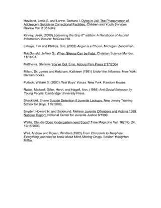 Haviland, Linda S. and Larew, Barbara I. Dying in Jail: The Phenomenon of
Adolescent Suicide in Correctional Facilities. Children and Youth Services
Review Vol. 2 331-342.
Kinney, Jean, (2000) Loosening the Grip 6th
edition: A Handbook of Alcohol
Information. Boston: McGraw Hill.
Lahaye, Tim and Phillips, Bob, (2002) Anger is a Choice. Michigan: Zondervan.
MacDonald, Jeffery G., When Silence Can be Fatal. Christian Science Monitor,
11/18/03.
Matthews, Stefanie You’ve Got ‘Emo. Asbury Park Press 2/17/2004
Milam, Dr. James and Ketcham, Kathleen (1981) Under the Influence. New York:
Bantam Books.
Pollack, William S. (2000) Real Boys’ Voices. New York: Random House.
Rutter, Michael; Giller, Henri; and Hagell, Ann, (1998) Anti-Social Behavior by
Young People. Cambridge University Press.
Shackford, Shane Suicide Detention if Juvenile Lockups. New Jersey Training
School for Boys, 11/7/2003.
Snyder, Howard N. and Sickmund, Melissa Juvenile Offenders and Victims 1999
National Report. National Center for Juvenile Justice 9/1999.
Wallis, Claudia Does Kindergarten need Cops? Time Magazine Vol. 162 No. 24,
12/15/2003.
Weil, Andrew and Rosen, Winifred (1983) From Chocolate to Morphine:
Everything you need to know about Mind Altering Drugs. Boston: Houghton
Mifflin.
 