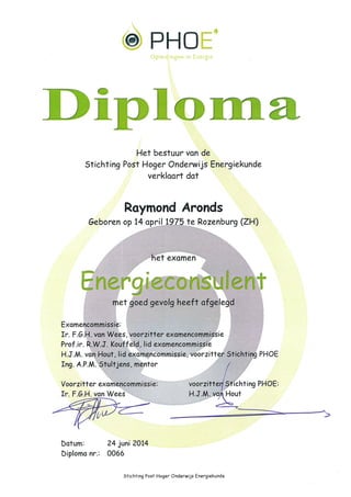 Diploma PHOE Energieconsulent Duurzame Energie