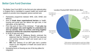 Better Care Fund Overview
The Better Care Fund (BCF) is the first and only national policy
in England that is mandated to support health and social care
systems to provide more integrated, person-centred care.
• Partnership programme between NHS, LGA, DHSC and
MHCLG
• Aims to break down organisational barriers so health,
housing and social care can deliver the right care, in the
right place, at the right time.
• From the point of view of the individual -“I can plan my
care with people who work together to understand me
and my carer(s), allow me control, and bring together
services to achieve the outcomes important to me.”
• In 2018-19 year end return,
• 93% of Health & Wellbeing Boards endorsed the
statement that the “Delivery of the BCF has improved
joint working between health and social care in our
locality” and
• 90% that “Delivery of our BCF plan had a positive
impact on the integration of health and social care in
our locality”
• Increasing focus on Housing as one of the key pillars for
integration 3
£67m
£299m
£37m
£201m
£605m
£103m
LA - DFG,
£66,621,394, 5%
LA - IBCF,
£299,077,746,
23%
LA - Winter,
£37,170,352, 3%
LA- additional,
£200,733,617,
15%
CCG minimum,
£605,278,544,
46%
CCG Additional,
£102,686,525,
8%
London Pooled BCF 2019-20 (£1.3bn)
*CCG minimum required spend on social care: £256m
*CCG minimum required spend out of hospital: £172m
 