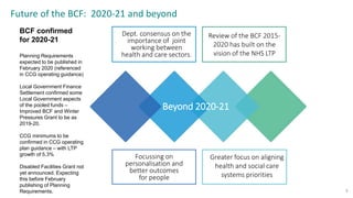 Future of the BCF: 2020-21 and beyond
Focussing on
personalisation and
better outcomes
for people
Dept. consensus on the
importance of joint
working between
health and care sectors.
Greater focus on aligning
health and social care
systems priorities
Review of the BCF 2015-
2020 has built on the
vision of the NHS LTP
9
BCF confirmed
for 2020-21
Planning Requirements
expected to be published in
February 2020 (referenced
in CCG operating guidance)
Local Government Finance
Settlement confirmed some
Local Government aspects
of the pooled funds –
Improved BCF and Winter
Pressures Grant to be as
2019-20.
CCG minimums to be
confirmed in CCG operating
plan guidance – with LTP
growth of 5.3%
Disabled Facilities Grant not
yet announced. Expecting
this before February
publishing of Planning
Requirements.
Beyond 2020-21
 