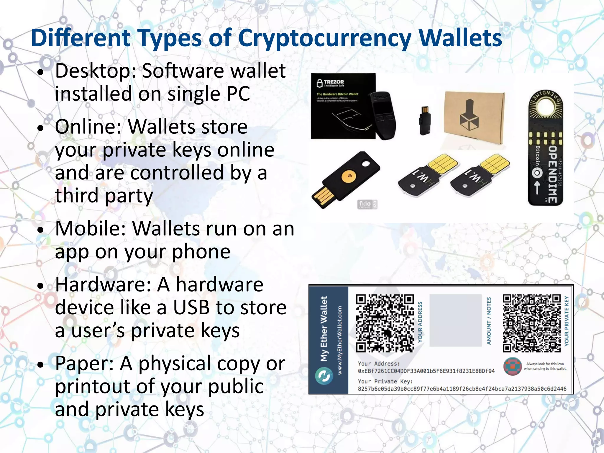 Different Types of Cryptocurrency Wallets
● Desktop: Software wallet
installed on single PC
● Online: Wallets store
your private keys online
and are controlled by a
third party
● Mobile: Wallets run on an
app on your phone
● Hardware: A hardware
device like a USB to store
a user’s private keys
● Paper: A physical copy or
printout of your public
and private keys
 