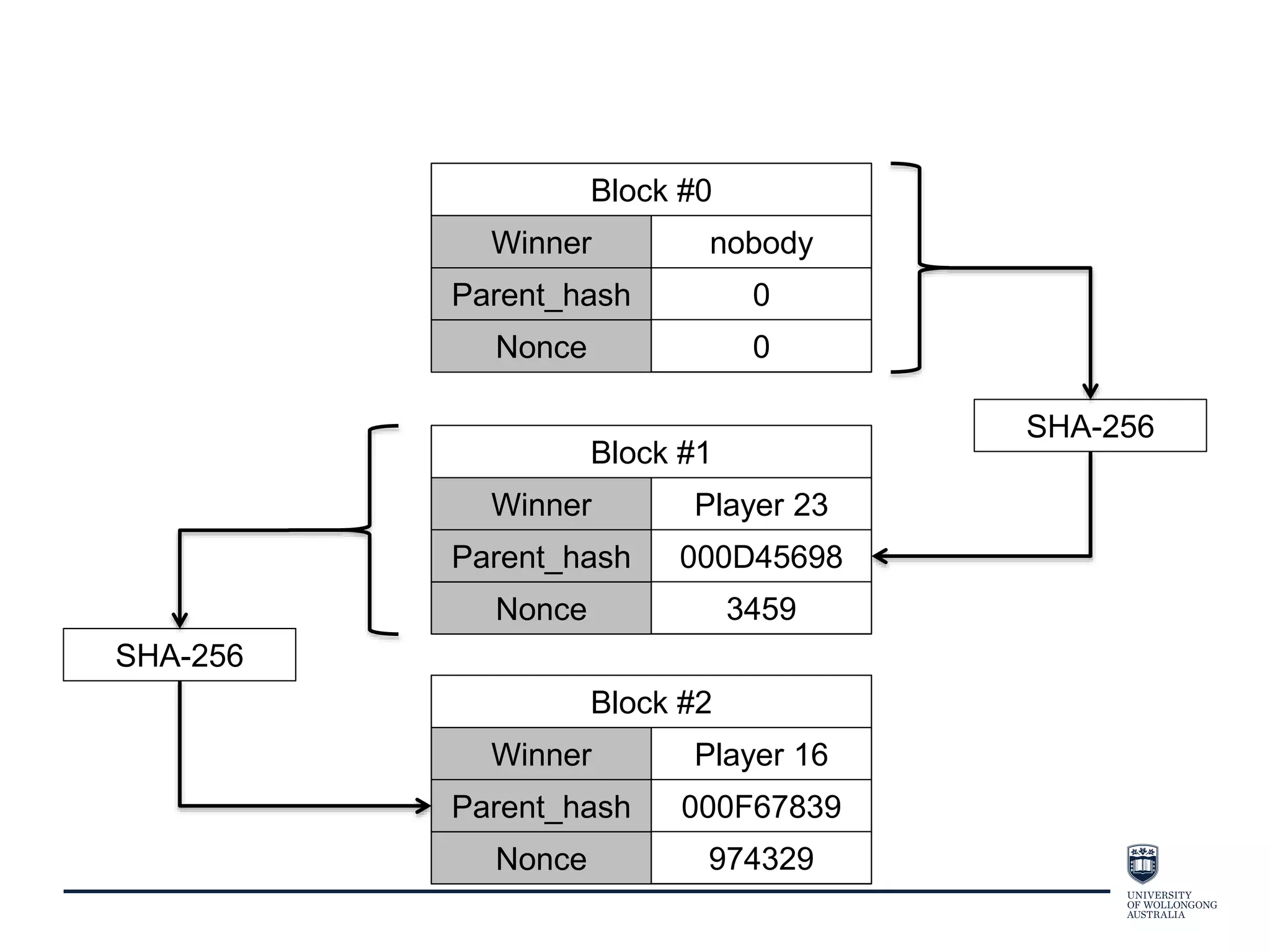 Block #0
Winner nobody
Parent_hash 0
Nonce 0
Block #1
Winner Player 23
Parent_hash 000D45698
Nonce 3459
SHA-256
Block #2
Winner Player 16
Parent_hash 000F67839
Nonce 974329
SHA-256
 