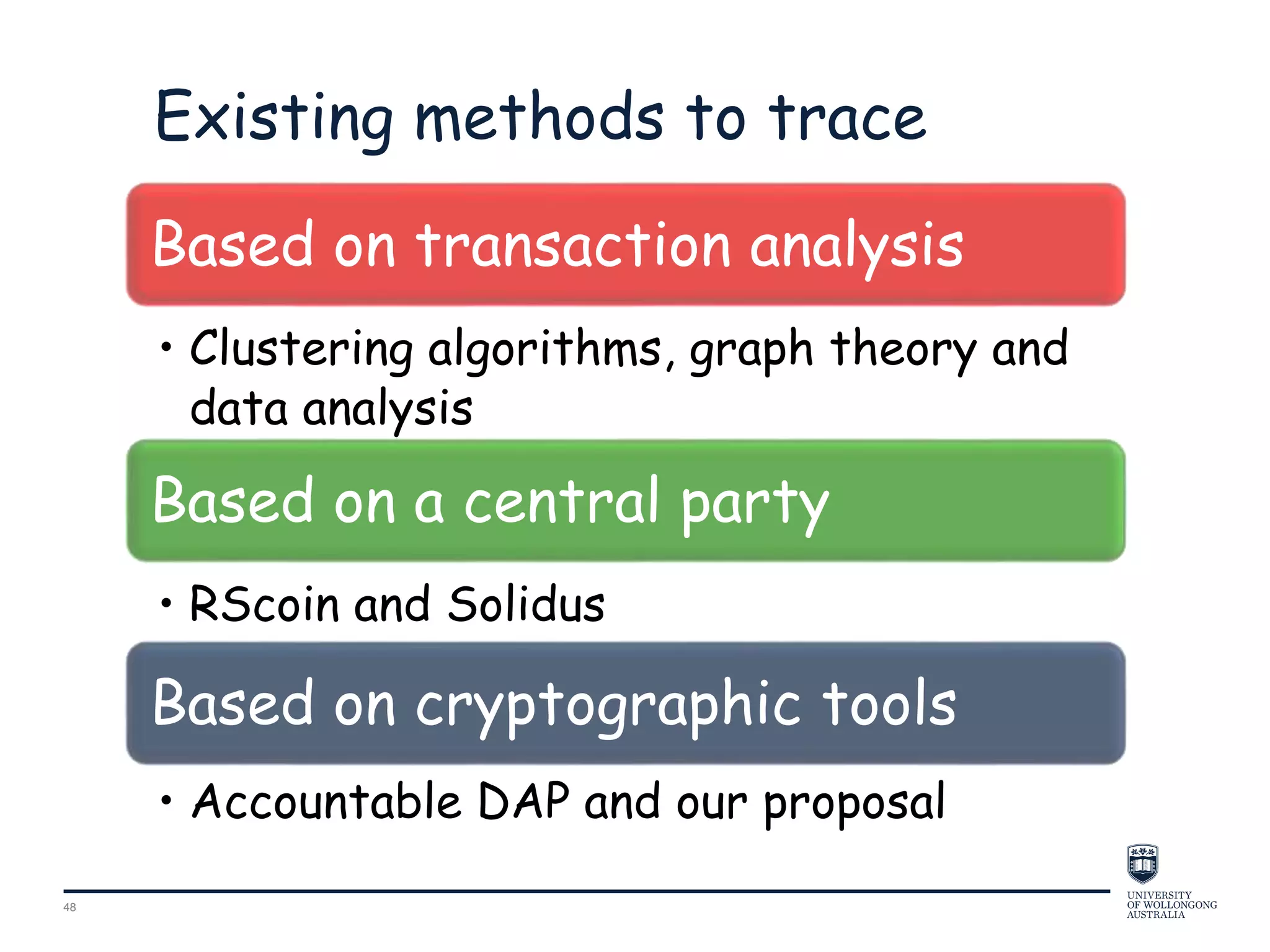 4848
Existing methods to trace
Based on transaction analysis
• Clustering algorithms, graph theory and
data analysis
Based on a central party
• RScoin and Solidus
Based on cryptographic tools
• Accountable DAP and our proposal
 