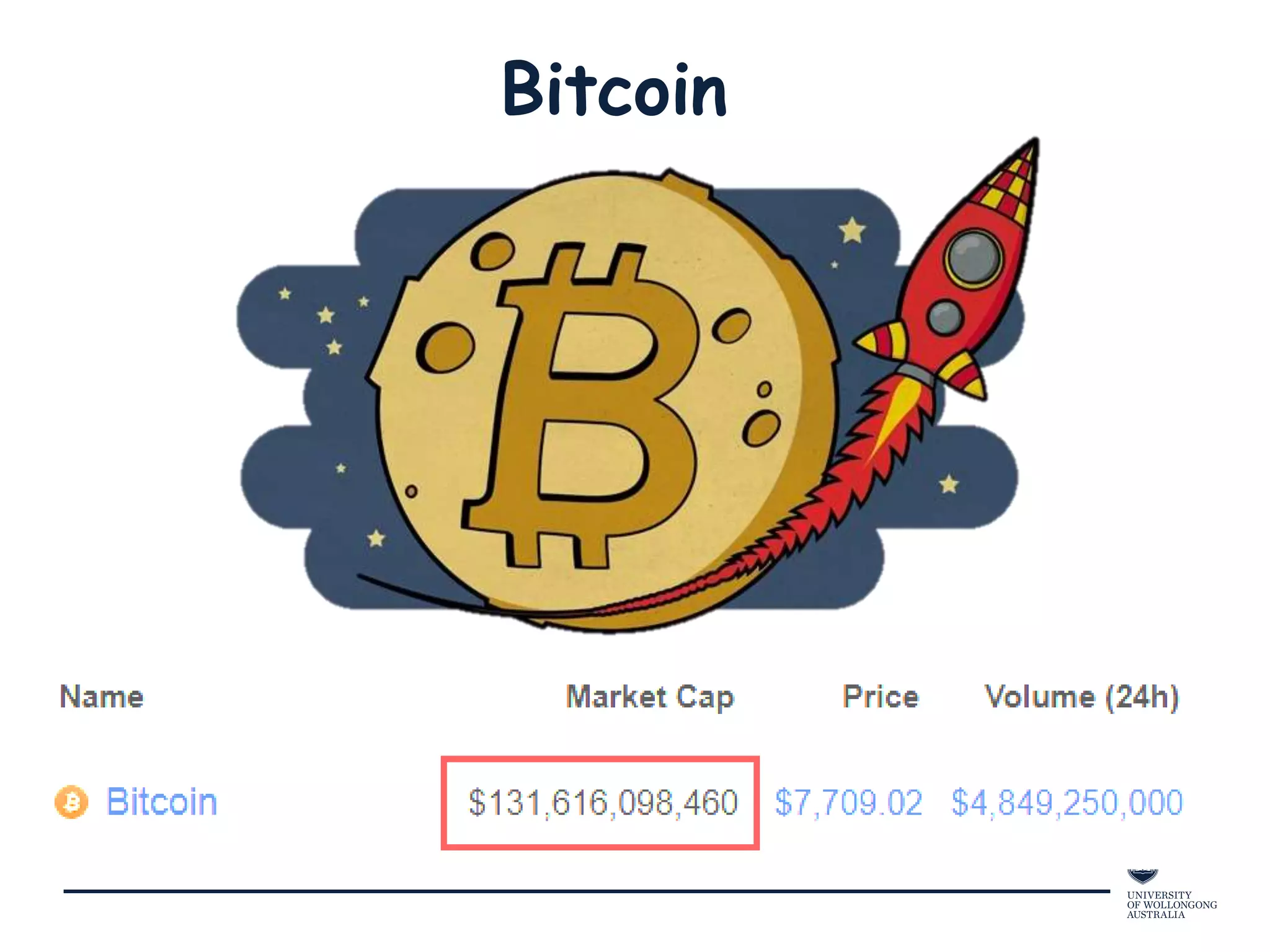 Bitcoin
Nakamoto, Satoshi. "Bitcoin: A peer-to-peer electronic cash system."
(2008): 28.
 