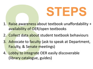 1. Raise awareness about textbook unaffordability +
availability of OER/open textbooks
2. Collect data about student textbook behaviours
3. Advocate to faculty (ask to speak at Department,
Faculty, & Senate meetings)
4. Lobby to integrate OER easily discoverable
(library catalogue, guides)
STEPS
 