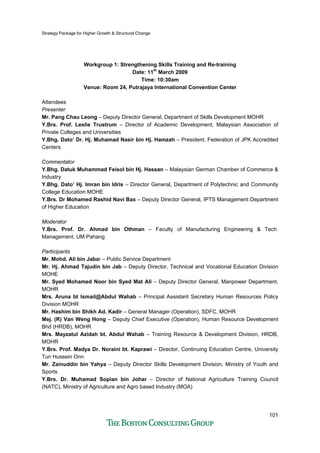 Strategy Package for Higher Growth & Structural Change
101
Workgroup 1: Strengthening Skills Training and Re-training
Date: 11th
March 2009
Time: 10:30am
Venue: Room 24, Putrajaya International Convention Center
Attendees
Presenter
Mr. Pang Chau Leong – Deputy Director General, Department of Skills Development MOHR
Y.Brs. Prof. Leslie Trustrum – Director of Academic Development, Malaysian Association of
Private Colleges and Universities
Y.Bhg. Dato’ Dr. Hj. Muhamad Nasir bin Hj. Hamzah – President, Federation of JPK Accredited
Centers
Commentator
Y.Bhg. Datuk Muhammad Feisol bin Hj. Hassan – Malaysian German Chamber of Commerce &
Industry
Y.Bhg. Dato’ Hj. Imran bin Idris – Director General, Department of Polytechnic and Community
College Education MOHE
Y.Brs. Dr Mohamed Rashid Navi Bax – Deputy Director General, IPTS Management Department
of Higher Education
Moderator
Y.Brs. Prof. Dr. Ahmad bin Othman – Faculty of Manufacturing Engineering & Tech.
Management, UM Pahang
Participants
Mr. Mohd. Ali bin Jabar – Public Service Department
Mr. Hj. Ahmad Tajudin bin Jab – Deputy Director, Technical and Vocational Education Division
MOHE
Mr. Syed Mohamed Noor bin Syed Mat Ali – Deputy Director General, Manpower Department,
MOHR
Mrs. Aruna bt Ismail@Abdul Wahab – Principal Assistant Secretary Human Resources Policy
Division MOHR
Mr. Hashim bin Shikh Ad. Kadir – General Manager (Operation), SDFC, MOHR
Mej. (R) Van Weng Hong – Deputy Chief Executive (Operation), Human Resource Development
Bhd (HRDB), MOHR
Mrs. Mayzatul Azidah bt. Abdul Wahab – Training Resource & Development Division, HRDB,
MOHR
Y.Brs. Prof. Madya Dr. Noraini bt. Kaprawi – Director, Continuing Education Centre, University
Tun Hussein Onn
Mr. Zainuddin bin Yahya – Deputy Director Skills Development Division, Ministry of Youth and
Sports
Y.Brs. Dr. Muhamad Sopian bin Johar – Director of National Agriculture Training Council
(NATC), Ministry of Agriculture and Agro based Industry (MOA)
 