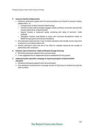 Strategy Package for Higher Growth & Structural Change
123
5. Improve industry collabouration
• Workshop participants agreed with the recommendations put forward to improve industry
collabouration, i.e.:
o Increase share of direct industry-funded training
o Promote industry staff exchanges (engage industry workforce as trainers and promote
industry attachments of teaching staff)
o Appoint industry to implement quality monitoring and rating of technical / skills
institutes
o Strengthen Industry Lead Bodies to assist with curriculum development based on
NOSS through grants and training of facilitators
• One participant observed that it was of critical importance that industry moves away from
an advisory to an implementation role.
• Another participant noted that one of the KPIs for institutes should be the number of
partnerships with companies
6. Enhance value of technical / skills certificates through licensing
• Workshop participants agreed to this recommendation
• It was suggested that an independent body be established for this purpose
7. Implement public education campaign to improve perception of technical/skill
education
• Workshop participants agreed to this recommendation
• One participant mentioned that a campaign should not only focus on students but also the
wider workfoce
 