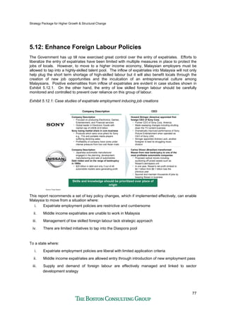 Strategy Package for Higher Growth & Structural Change
77
5.12: Enhance Foreign Labour Policies
The Government has up till now exercised great control over the entry of expatriates. Efforts to
liberalize the entry of expatriates have been limited with multiple measures in place to protect the
jobs of locals. However, to move to a higher income economy, Malaysian employers must be
allowed to tap into a highly-skilled talent pool. The inflow of expatriates into Malaysia will not only
help plug the short term shortage of high-skilled labour but it will also benefit locals through the
creation of new job opportunities and the inculcation of an entrepreneurial culture among
Malaysians. Positive externalities from inflow of expatriates are evident in case studies shown in
Exhibit 5.12.1. On the other hand, the entry of low skilled foreign labour should be carefully
monitored and controlled to prevent over reliance on this group of labour.
Exhibit 5.12.1: Case studies of expatriate employment inducing job creations
Skills and knowledge should be prioritized over place of
origin
Company DescriptionCompany Description CEOCEO
Company Description
• Focused on producing Electronics, Games,
Entertainment, and Financial services
• Global leader in Electronic Goods with
market cap of USD$ 22.8 billion
Sony losing market share in core business
• Products which were once pillars for Sony
e.g., TVs and portable media players
suffering declining sales
• Profitability of company have come under
intense pressure from low cost Asian rivals
Company Description
• Japanese automobile manufacturer
engaged in the planning, development,
manufacturing and sale of automobiles
Debt ridden and on the verge of bankruptcy
in 1990s
• $20 billion in debt and only 3 out of 48
automobile models were generating profit
Howard Stringer (America) appointed first
foreign CEO of Sony Corp.
• Former CEO of Sony Corp. America
• Made sweeping changes including shutting
down the TV content business
• Dramatically improved performance of Sony
Picture Entertainment when operated as
CEO of Sony USA
• Stringer appointed Andrew Lack, another
foreigner to lead its struggling music
division
Carlos Ghosn (Brazilian) transformed
Nissan from near bankruptcy to one of the
most profitable automobile companies
• Proposed radical moves including
auctioning off prized assets such as
Nissan's aerospace unit
• In one year, Nissan's net profit climbed to
$2.1 billion from $6.1 billion loss the
previous year
• Spurred and maintain thousands of jobs by
keeping Nissan in business
Source: Press Search
This report recommends a set of key policy changes, which if implemented effectively, can enable
Malaysia to move from a situation where:
i. Expatriate employment policies are restrictive and cumbersome
ii. Middle income expatriates are unable to work in Malaysia
iii. Management of low skilled foreign labour lack strategic approach
iv. There are limited initiatives to tap into the Diaspora pool
To a state where:
i. Expatriate employment policies are liberal with limited application criteria
ii. Middle income expatriates are allowed entry through introduction of new employment pass
iii. Supply and demand of foreign labour are effectively managed and linked to sector
development srategy
 