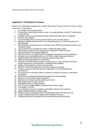 Strategy Package for Higher Growth & Structural Change
95
Appendix 2: Prioritization of issues
Reports and stakeholder engagements revealed wide range of issues across the human capital
value chain, as listed below:
1. Low quality of (incoming) teachers
2. Infrastructure issues (large classroom sizes, low quality libraries, limited ICT infrastructure
in most schools
3. Outdated curriculum and teaching methods (hierarchical, little room for challenge)
4. Very few male teachers
5. Low percentage (25%) of primary school teachers with University degree
6. Malaysian students spend less time in the schooling system (11 years compared to 12
years globally)
7. High proportion of students opt-out of education after SPM/ technical skills education not a
mainstream option
8. Lack of performance development culture in higher education system
9. Infrastructure issues for certain geographies, professions (skills education)
10. High percentage of unemployed graduates
11. Students who are not suitable for tertiary education are granted university admission
12. Graduates lack employability skills, e.g., soft skills, English language proficiency
13. Negative attitude and aptitude of graduates towards employment
14. Little industry collabouration with universities
15. Promotion of faculty based on academic output only (i.e., does not take into account
industry experience or administrative / managerial responsibilities
16. Salaries of faculty fixed on Government pay scale
17. Selection of Vice Chancellor does not involve respective university
18. Funding is based on historical costs (No implications on funding regardless of
performance)
19. No clear policy on internships either for students or lecturers; Structure of internships
inconsistent
20. Performance management still nascent (targets yet to be developed)
21. Decline in number of high skilled expatriates
22. Dependence on foreign workers impeding innovation
23. Slow wage growth for certain sectors
24. Suboptimal function of Wage Councils
25. Lack of push for implementation of national level minimum wage
26. Low adoption of PLWS
27. Low participation of women, retirees and disabled workers in the workforce
28. Large untapped Malaysian Diaspora pool
29. Difficulty to dismiss employees due to inflexible labour laws and high firing cost
30. Lengthy collective agreement bargaining and settlement process
31. Overlapping efforts in managing human capital initiatives across Ministries
 