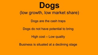 Dogs
(low growth, low market share)
Dogs are the cash traps
Dogs do not have potential to bring
High cost – Low quality
Business is situated at a declining stage
 