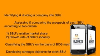 Identifying & dividing a company into SBU
Assessing & comparing the prospects of each SBU
according to two criteria
1) SBU’s relative market share
2) Growth rate of SBU’s industry
Classifying the SBU’s on the basis of BCG matrix
Developing strategic objective for each SBU
 