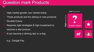 Question Marks
Low Market Share
HighMarketGrowth
o High market growth, low market share.
o These products are the startup or new products.
o Doubtful future.
o Requires right strategies & high investment to
become a star product.
o It can become a shining star or a dog.
Question mark Products
e.g. Google Pay
 
