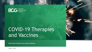 JUNE 3, 2020
Worldwide Health Care Alumni Webinar
COVID-19 Therapies
and Vaccines
 