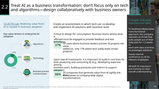 Treat AI as a business transformation: don’t focus only on tech
and algorithms—design collaboratively with business owners
2.2
Example: Industrial
manufacturer MNC
10-20-70 rule: Realizing value from
AI is rooted in business adoption
Create an environment in which tech can co-develop
and implement AI solutions with business team
To facilitatecollaborative,
cross-functional
Key value drivers in enterprise AI
adoption
Critical to design for consumption: Business teams whose work
is
affected must be engaged to provide feedback and test
prototypes
approach, the company
operates an AI lab that
pulls people out of their
daily jobs for 1-2 weeks
to
work with data scientists
on prototype solutions
Of cases where business leaders pioneer AI projects see
value
added (vs. only 17% where tech solely leads similar
projects)
Algorithms
37%
10%
20%
Yearly internal
conference on AI for
relevant employees
Technology
Upon new AI investments, it is important to build in cost lines for
both producing and consuming AI (e.g., developing expertise
among
business users, building processes and metrics to support
adoption)
All-staff AI inductions
and training to raise
overall understanding
70%
Business process
transformation
Of companies that generate value from AI tightly link
their
88% AI initiatives to company-wide digital
transformations
15
Sources: BCG-MIT Sloan Research report Winning with AI Pioneers Combine Strategy, Organizational Behavior, and Technology, Oct 2019; BCG, How to Win with Artificial Intelligence; BCG
analyses and experience
 