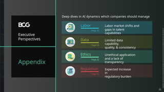Deep dives in AI dynamics which companies should manage
Labor
Data
Labor market shifts and
gaps in talent
capabilities
Page 23
Page 24
Page 25
Executive
Perspectives Limited data
capability,
quality, & consistency
Ethics Unethical application
and a lack of
transparency
Appendix
Regulation Expected increase
in
regulatory burden
Page 26
22
 