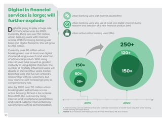 Digital in ﬁnancial
services is large; will
further explode
Digital is going to play a huge role
in ﬁnancial services by 2020.
Currently, there are over 150 million
urban banking users with internet
access. With increasing banking user
base and digital footprint, this will grow
to 250 million.
Currently, over 60 million urban
banking users use at least one digital
channel during research and selection
of a ﬁnancial product. With rising
internet user base as well as greater
maturity in using digital channels, the
number of digitally inﬂuenced users will
double in the next four years. Earlier,
branches were the fulcrum of bank’s
relationship with its customers, but
now branches will increasingly play a
complimentary role.
Also, by 2020 over 155 million urban
banking users will actively access
online banking. Almost a 4x increase
from 2016, this is driven by rising
internet and smartphone penetration
and recent systemic interventions by
Government such as demonetisation.
10
1. Online banking users are deﬁned as those who undertake transactions or transfer funds using their online banking,
mobile banking and USSD service.
Source: BCG Facebook 2016 Banking Survey (N=1700), World Bank, RBI, BCG analysis.
2016 2020
150+
250+
60+
38+
120+
150+
Urban banking users with internet access (Mn)
Urban active online banking users1 (Mn)
Urban banking users who use at least one digital channel during
research and selection of a new ﬁnancial product (Mn)
 