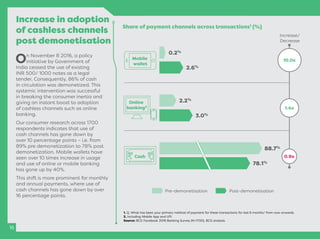 Increase in adoption
of cashless channels
post demonetisation
On November 8 2016, a policy
initiative by Government of
India ceased the use of existing
INR 500/ 1000 notes as a legal
tender. Consequently, 86% of cash
in circulation was demonetized. This
systemic intervention was successful
in breaking the consumer inertia and
giving an instant boost to adoption
of cashless channels such as online
banking.
Our consumer research across 1700
respondents indicates that use of
cash channels has gone down by
over 10 percentage points – i.e. from
89% pre demonetization to 78% post
demonetization. Mobile wallets have
seen over 10 times increase in usage
and use of online or mobile banking
has gone up by 40%.
This shift is more prominent for monthly
and annual payments, where use of
cash channels has gone down by over
16 percentage points.
16
Share of payment channels across transactions1 (%)
Mobile
wallet
Online
banking2
Cash
Pre-demonetisation Post-demonetisation
0.2%
2.6%
2.2%
3.0%
88.7%
78.1%
10.0x
1.4x
0.9x
Increase/
Decrease
1. Q. What has been your primary method of payment for these transactions for last 6 months/ from now onwards.
2. Including Mobile App and UPI.
Source: BCG Facebook 2016 Banking Survey (N=1700), BCG analysis.
 