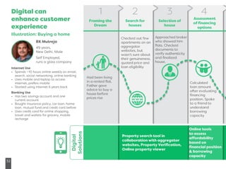 Digital can
enhance customer
experience
Illustration: Buying a home
RK Mutreja
49 years,
New Delhi, Male
Self Employed,
runs a glass company
Internet Use
• Spends ~10 hours online weekly on email,
search, social networking, online banking
• Uses mobile and laptop to access
internet, prefers mobile
• Started using internet 6 years back
Banking Use
• Has two savings account and one
current account
• Bought insurance policy, car loan, home
loan, mutual fund and credit card before
• Uses credit card for online shopping,
travel and wallets for grocery, mobile
recharge
32
Digital
Solutions
 
